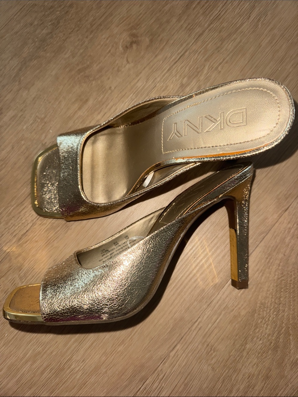 DKNY Metallic Gold Open-Toe High Heel Mules